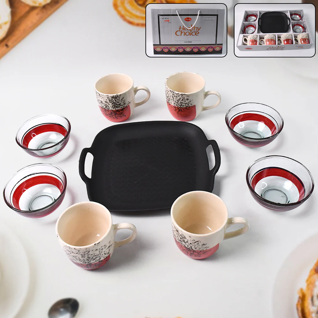 Healthy Choice Set Of 4pc Ceramic Cup And 4pc Glass Bowl With Plastic Plate (9 Pcs Set)