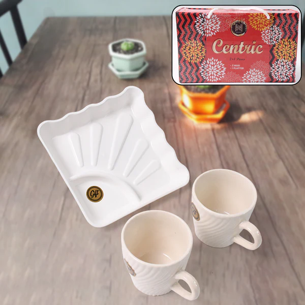 Cerntric Ceramic Tea Cup With Plastic Square Shape Serving Platter Milk Cup 3pc Set
