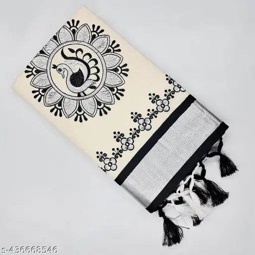 Kasavu Cotton Saree With Kunjam| Running Blouse | Silver Zari Border | Off White | Floral Work Embroiderd
