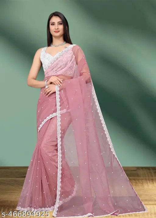 SUPERNET BEADS AND STONE SAREE WITH JACKARD BLOUSE