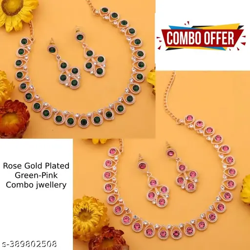 COMBO Rose Gold Plated Necklace set with Green and Pink Colour with