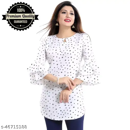 SHCON Women Crepe Star Printed Casual Wear White Tunic Tops, Keyhole Neck With Bell Sleeve, Regular & Office Wear Tops
