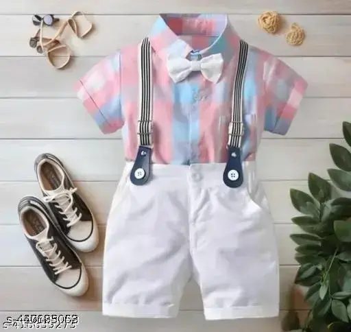 Kids Cotton Lycra Blend Printed shirt and Short Pant SetWhit Suspender for Casual Wear For Boy's