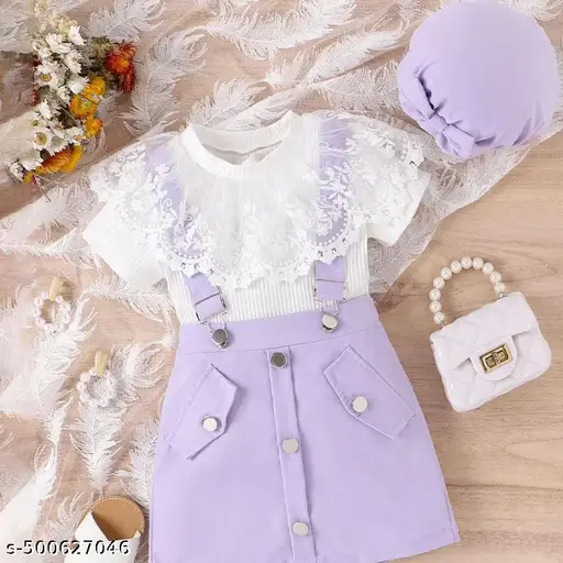 Girls 3pcs Ribbed T-shirt & Short Skirt Jumpsuit Set Lace Decor Short Sleeve Tee Top Cute Romper Casual Kids Clothes Summer