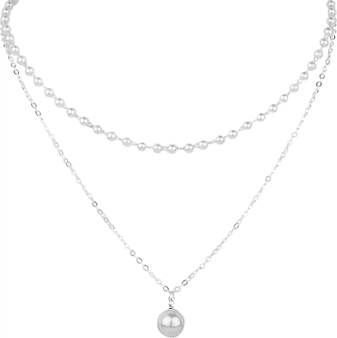 Vembley Charming Silver Plated Double Layered Beads and Pearl Drop Pendant Necklace 