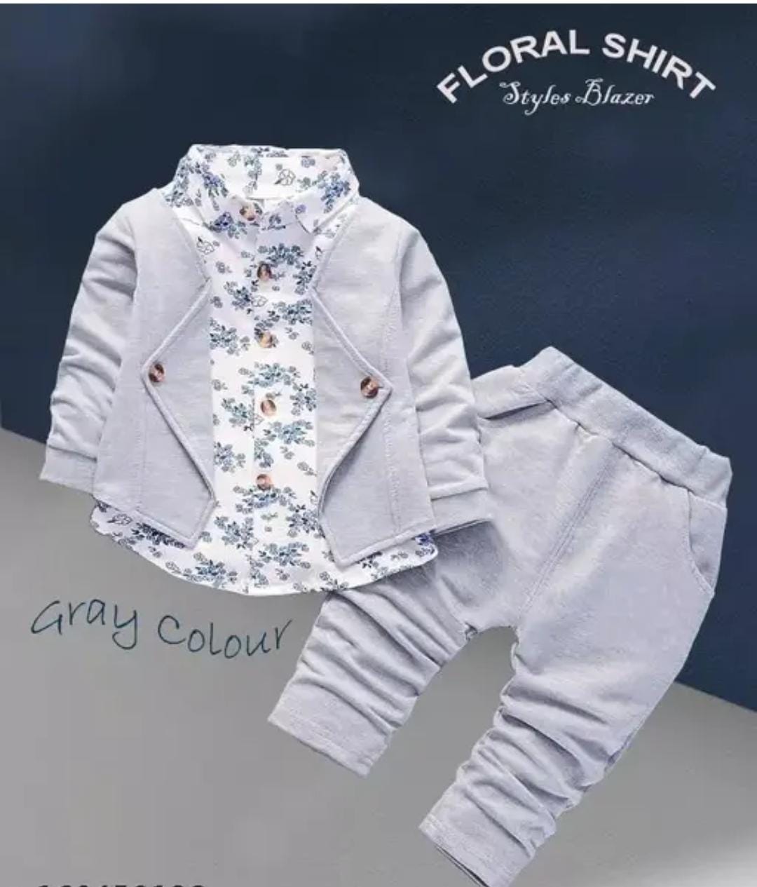 Boys/kids Cotton Casual Grey Blazer With Floral Printed Shirt & Pant Set