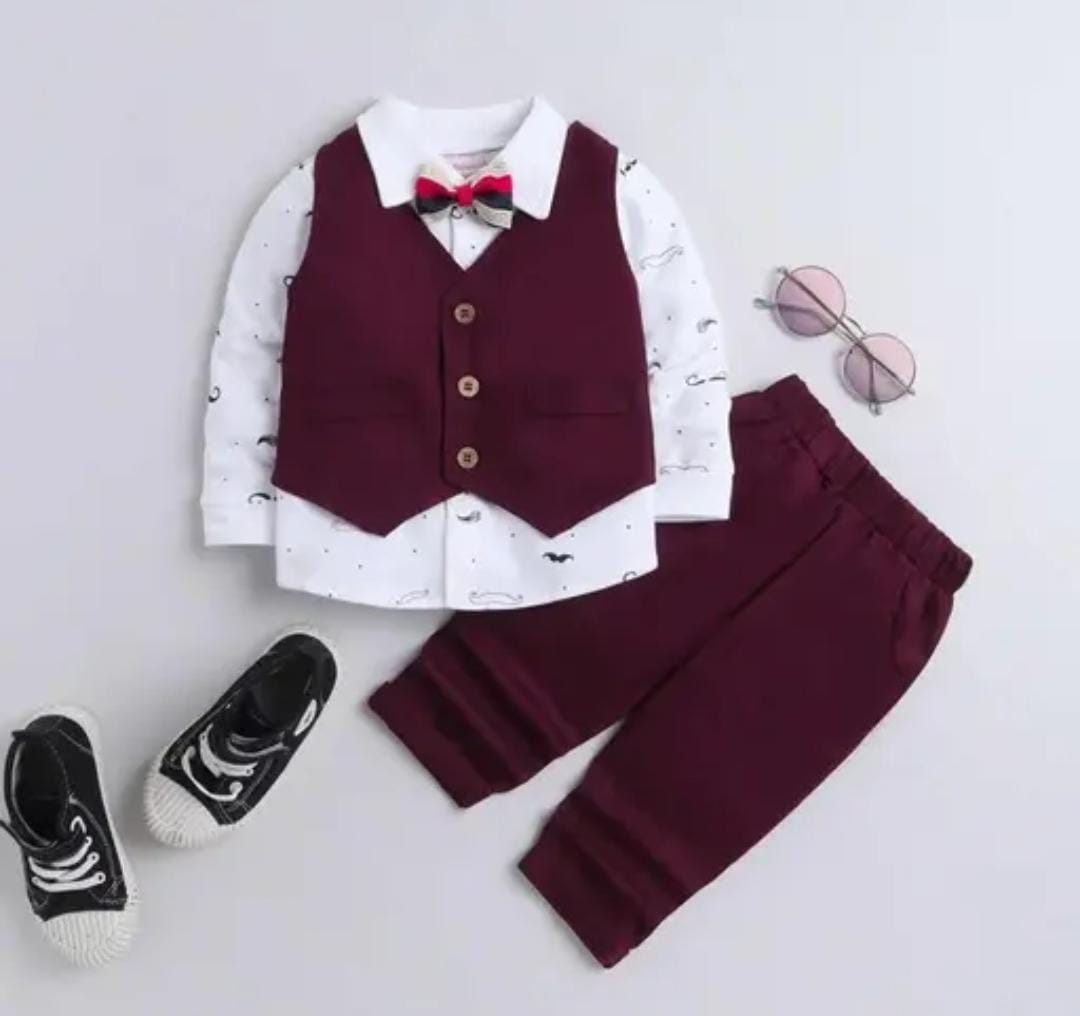 Boys Maroon Graphic Print Shirt And Formal Set