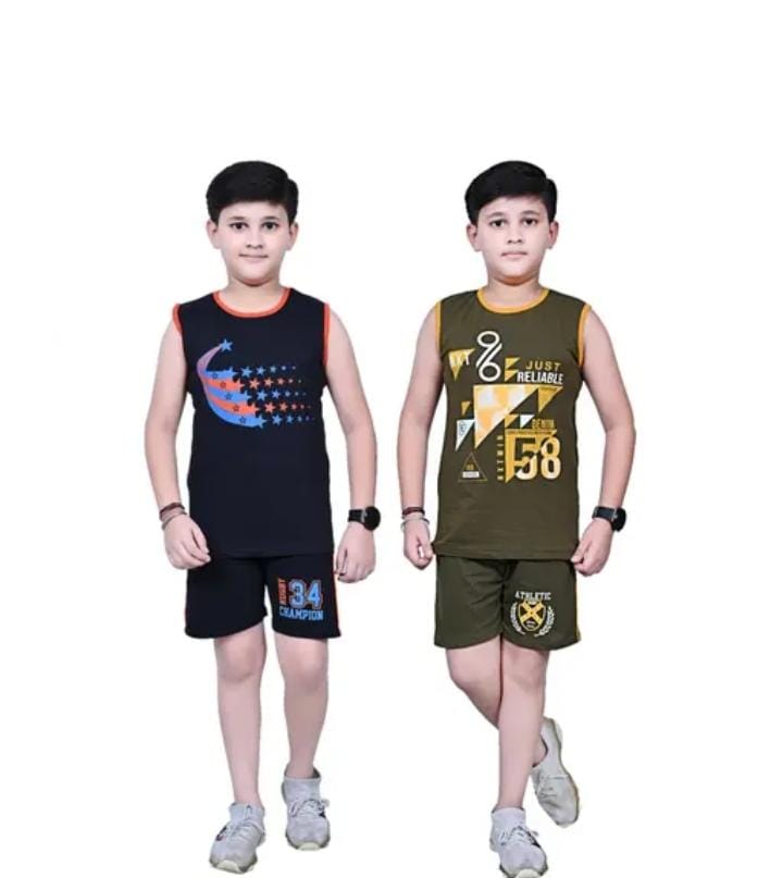Kids T-Shirt With Short Clothing Set For Boys Cotton Vest Sleeveless Round Neck T-Shirt Pack Of 2 (Green With Black)