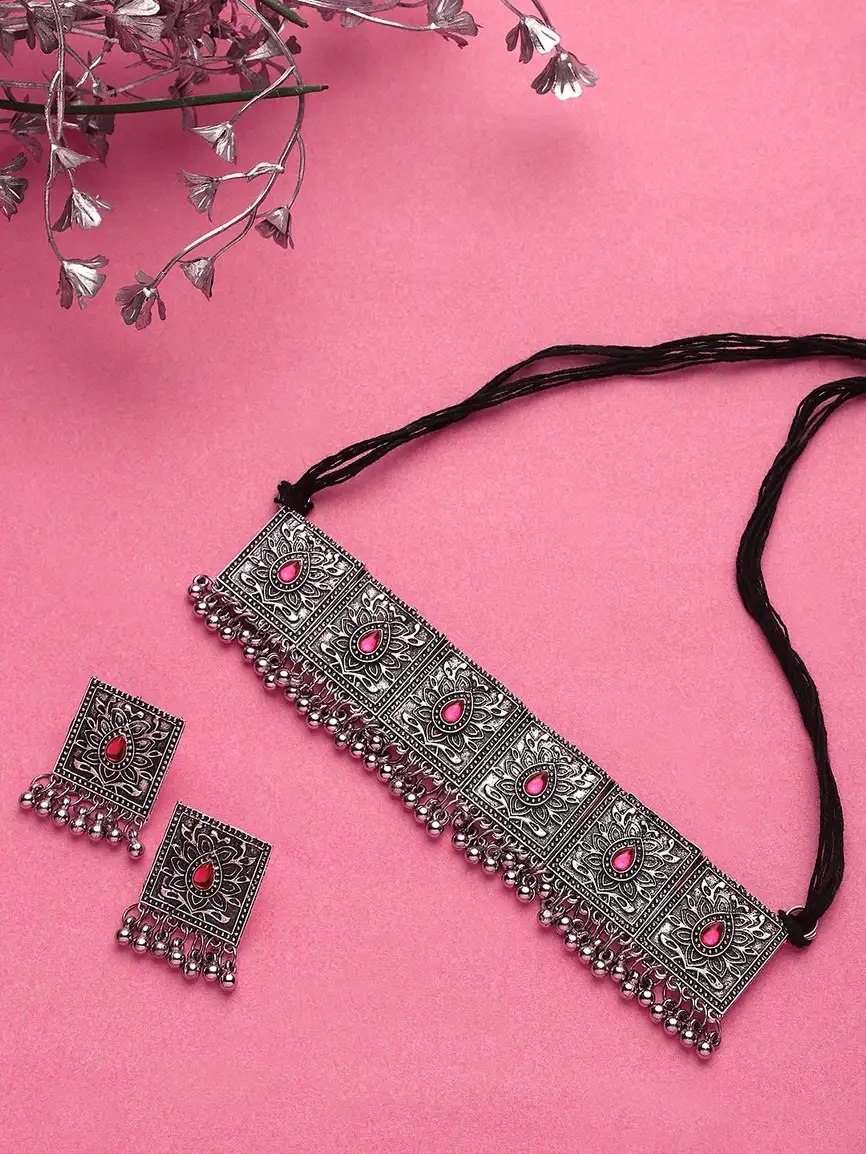 Oxidised Silver Jewel Set (Pink)