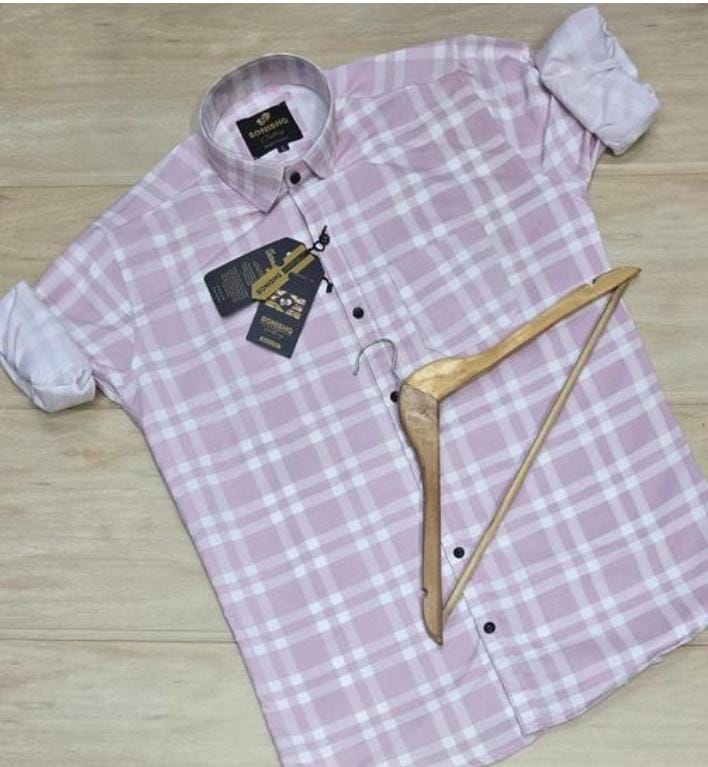 Men's Party Wear Causal Solid Full Sleeves Printed Cotton Checks Premium Shirt (Light Pink) By SONISHQ