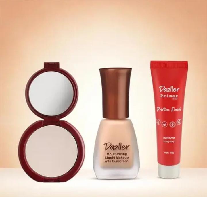 Dazller Face Essentials - (Cream, 8016), Moisturizing Liquid Makeup, 12mL + Classique Compact Powder, 9g + Pristine Finish Primer, 10g - Lightweight, Long Stay, No-makeup Look