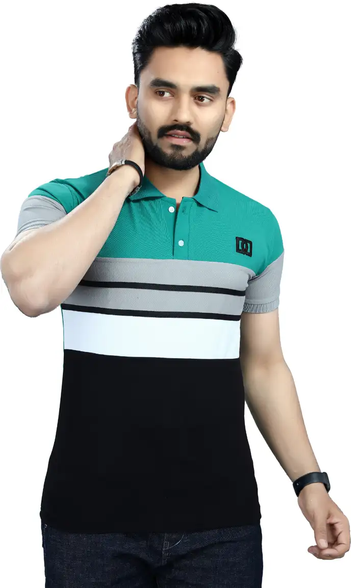 Lonaxa Striped Men Polo Neck Reversible Dark Green T-Shirt
