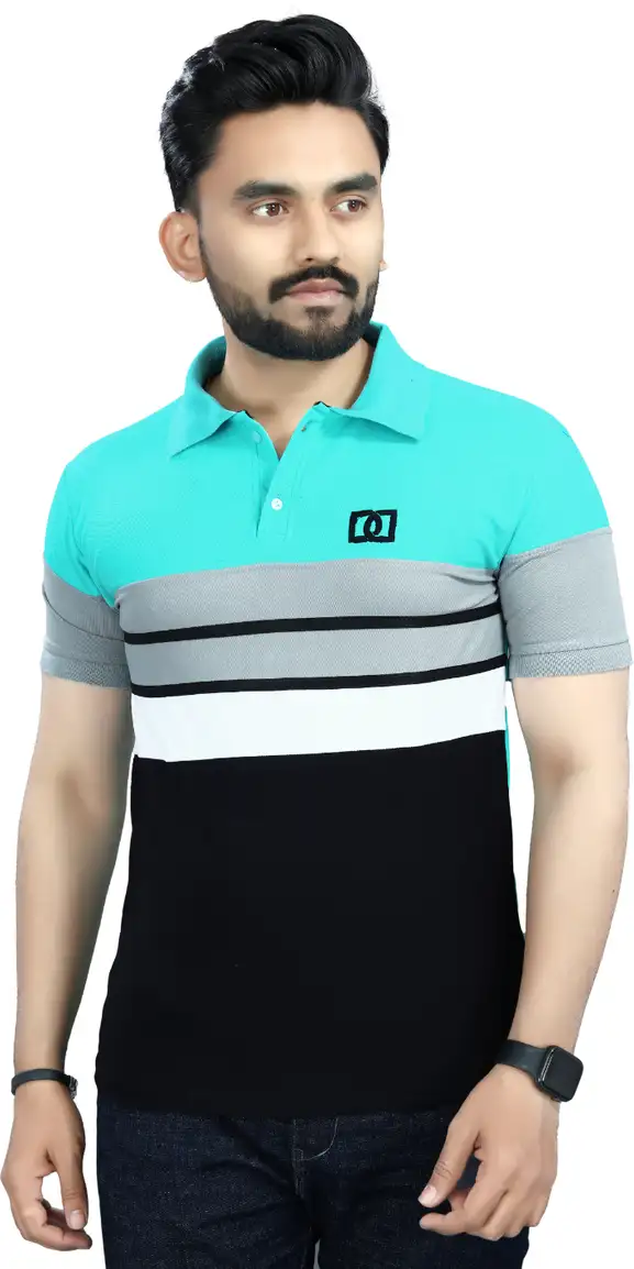 Lonaxa Striped Men Polo Neck Reversible Light Blue T-Shirt