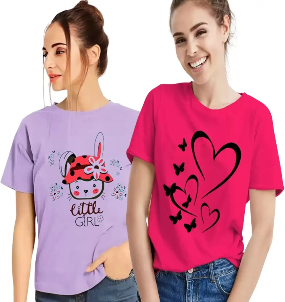 Printed Women Purple, Pink T-Shirt (Pack of 2)