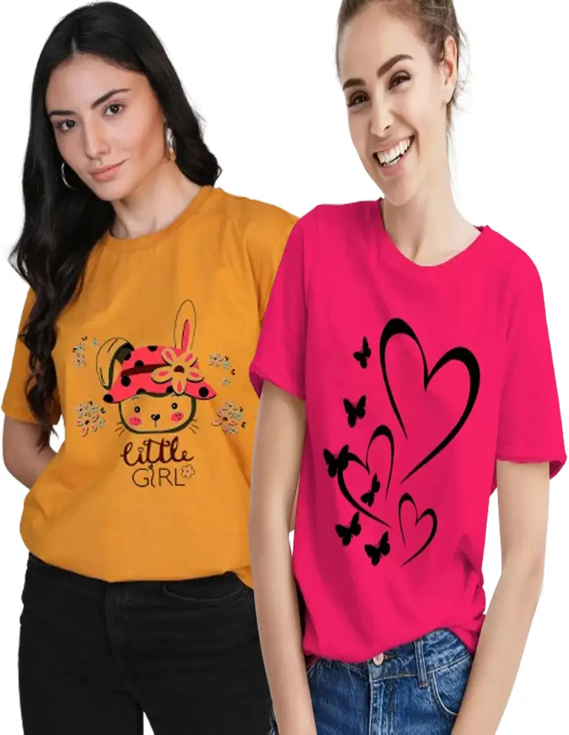 Printed Women Yellow, Pink T-Shirt