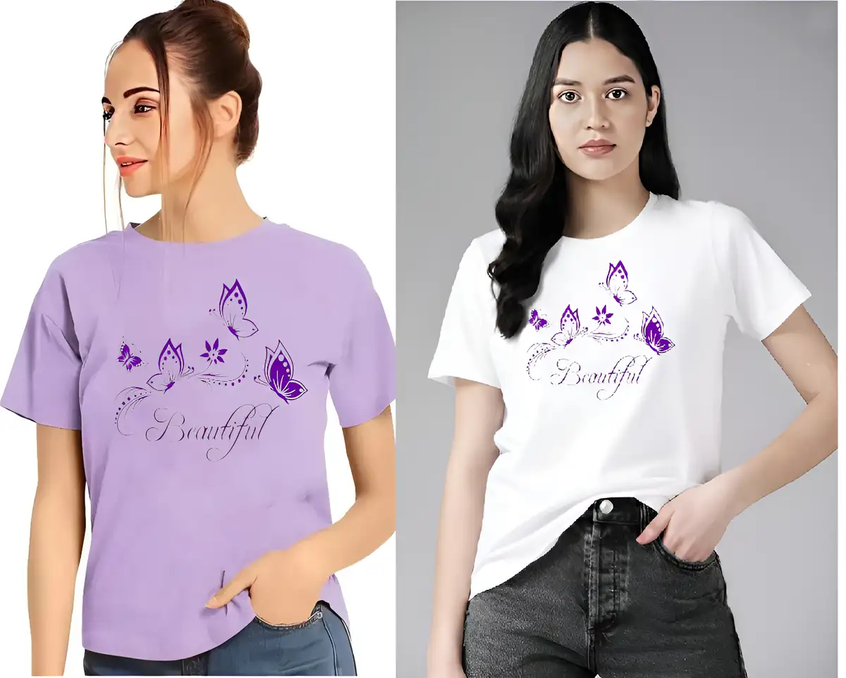 Printed Women Purple, White T-Shirt (Pack of 2)