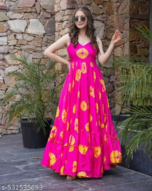 New photoshoot pink wedding collectoin Bollywood Stylish Goa beach dress style latest arrival georgette heavy soft fabric flared pattern square neck one piece dating evening party dress