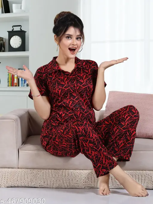 Womens Satin Printed Kollar Nightsuits set-shirt and pyajama set-top and pyajama set for womens and girls