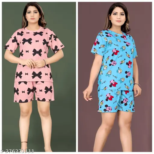 Women Printed Co-Ords Set Night Suit And Night Dress (Pack-Of-2).