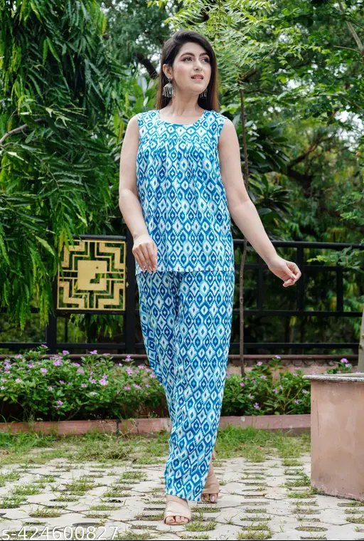 Jaipuri Cotton Printed Sleeveless Peplum Top with Pants Night suit Set for Women | Stylish Trendy Western Wear Top Pant Set
