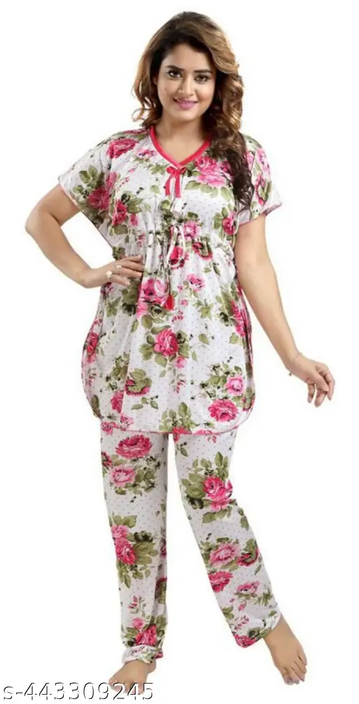 """""Women’s All Over Cross Print Satin Kaftan Night Suit"""""Top Pyjama Set"""""Pink