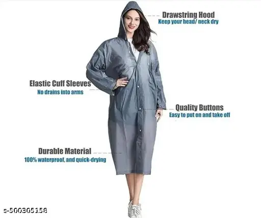 Pack of 1 Grey, Men & Women Waterproof Transparent RainCoat Raincover Poncho with Hood for Travel (Free Size)