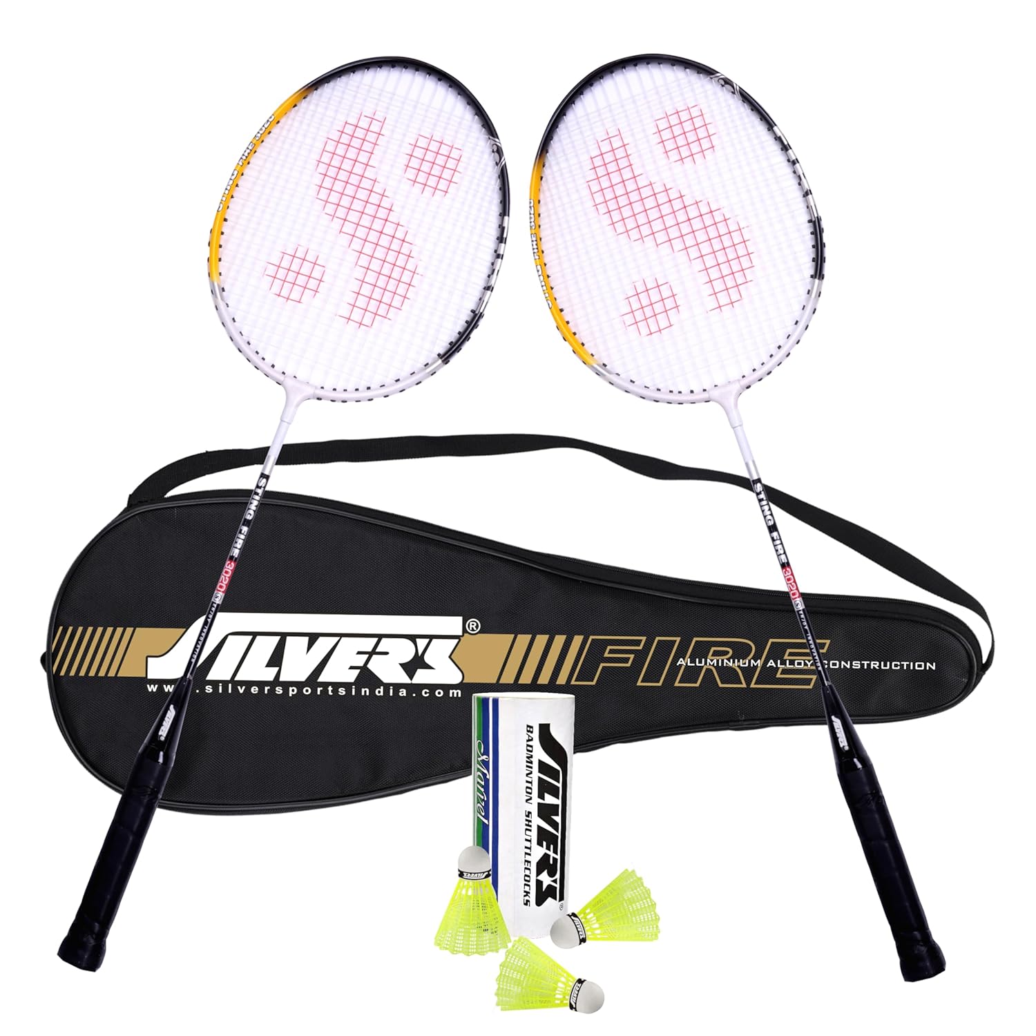 Silver's Aluminium Fire Badminton Kit (2 Racquets with Full Cover, 1 Box Shuttlecock Pack of 3) Black, Aluminium, FIRE Combo 2 with Nylon Shuttle, Black/White