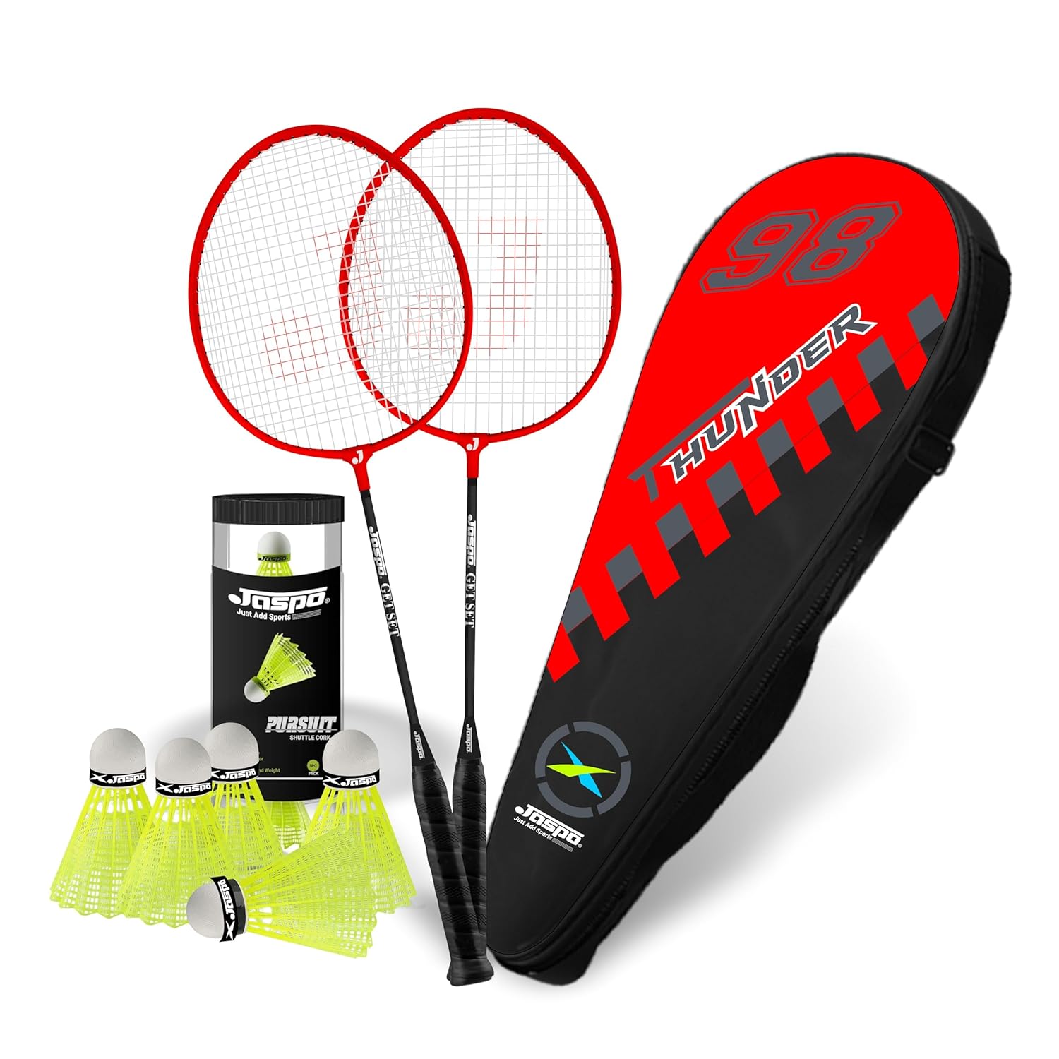 JASPO Thunder Badminton Kit,Badminton Set of Metal Alloy Rackets (Set of 2) with Full Cover Bag, 5 pcs Plastic Shuttlecocks, Ideal only for Recreational Play, Designed for Kids & Youngsters (Red)