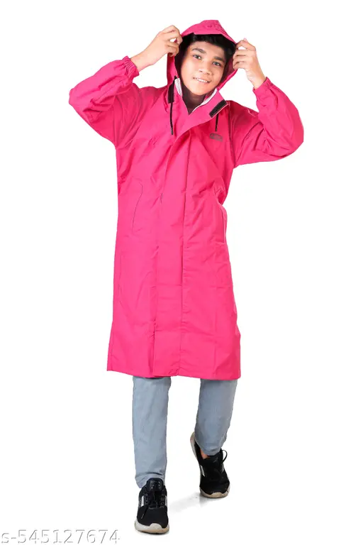 Kids' Waterproof Raincoat with Bag Slot & Hood | Full-Length Windproof Monsoon Coat for Boys & Girls (Pink)