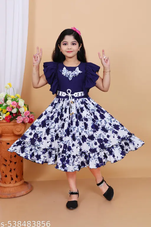 Elegent floral kid's party dress-purple and white with ruffle sleeves
