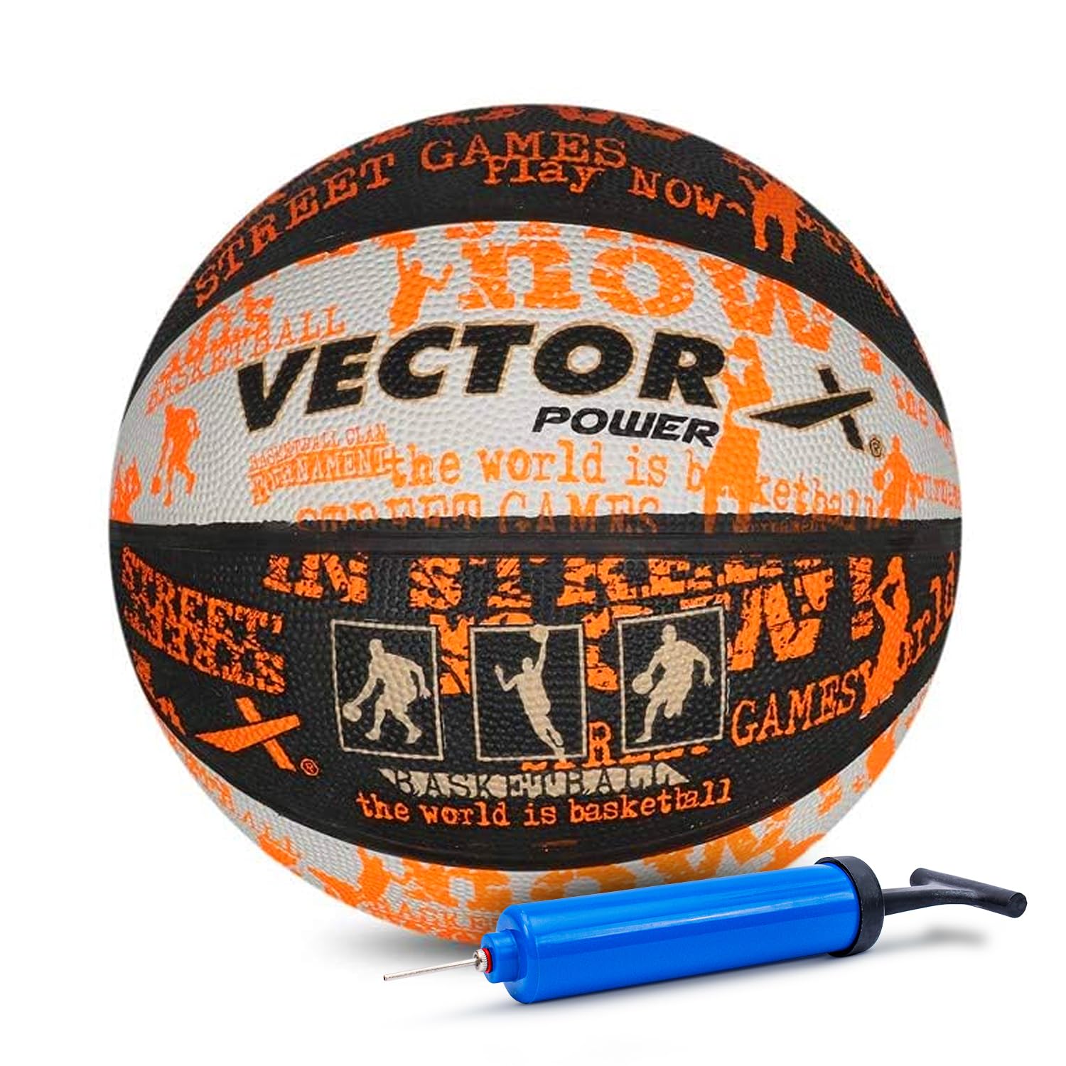 Vector X Power Rubber Moulded Indoor/Outdoor Basketball with Butyl Bladder, Black-White-Orange, Size: 7 (Suitable for Practice/Match/Training) + Free Air Needle