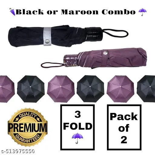 Black & Maroon 3-Fold Umbrella Set – Stylish, Durable, & Travel-Friendly (Pack of 2)