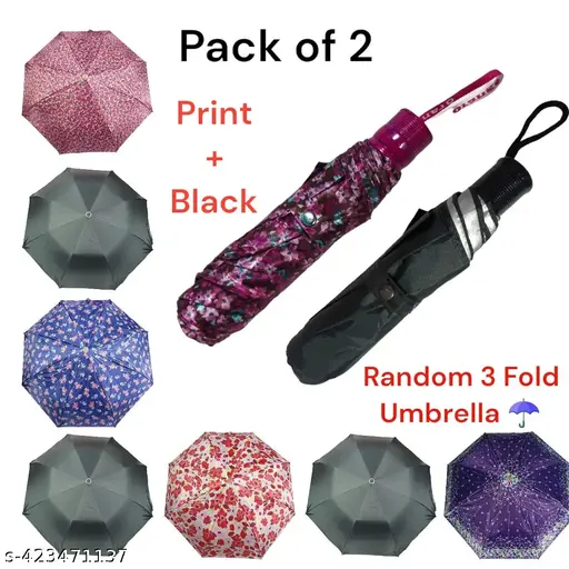 Black & print 3 fold random umbrella combo for regular use. Pack of 2