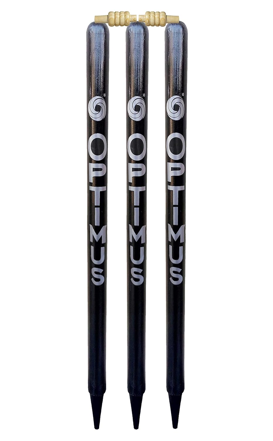Optimus® Cricket Wooden Stumps Wickets Full Size (Eucalyptus Heavy Wood) Set of 3 with 2 Bails - Black