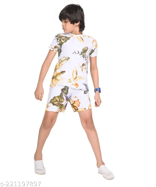 PEPP N HAGG 100% COTTON BOYS WHITE ALL OVER FLOWER PRINT SET |STYLISH | TRENDY | GOOD QUALITY | YELLOW